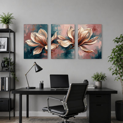 Magnolias crème et rouille sur fond bleu sarcelle, ensemble de 3 toiles