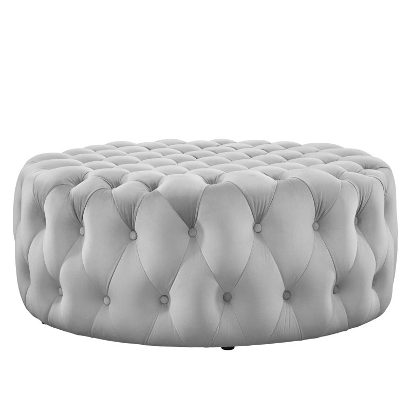 Luxurious Amour 40'' Light Gray Tufted Velvet Round Ottoman