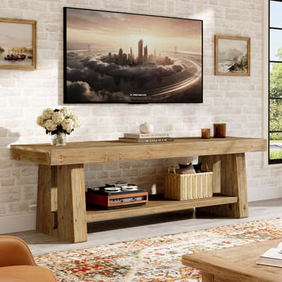 63-inch Solid Wood Tv Stand, 2-tier Farmhouse Entertainment Center With Open Storage Shelves