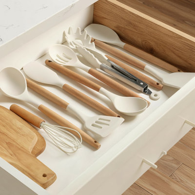 10-Piece Silicone Cooking Utensil Set, BPA-Free, Heat-Resistant Wooden Handles, Compatible With Non-Stick Pans And Kitchen Utensils, Milky White.