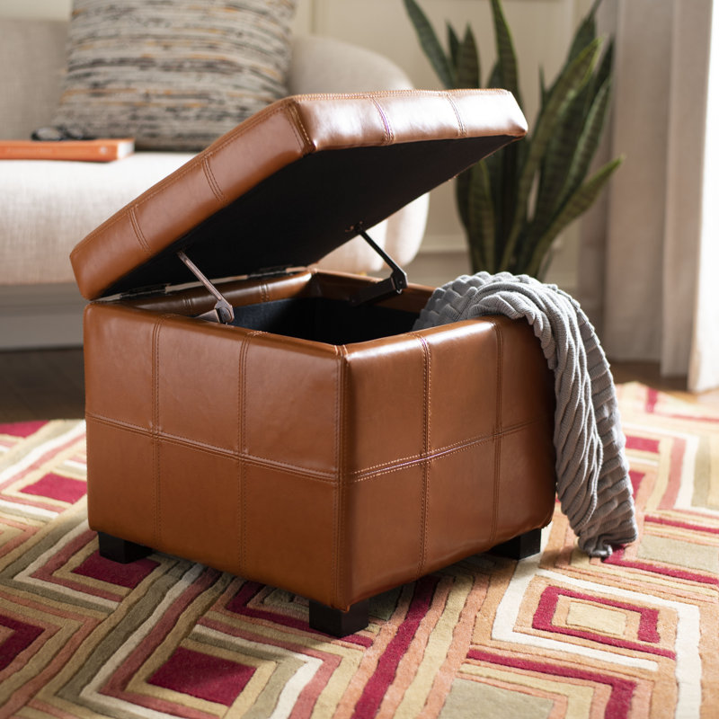 Repose-pieds carré avec rangement en similicuir de 18,3 po Graysie, Similicuir caramel