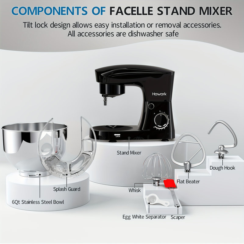 HOWORK 10 Speed 6L Stand Mixer Dough Hook, Black