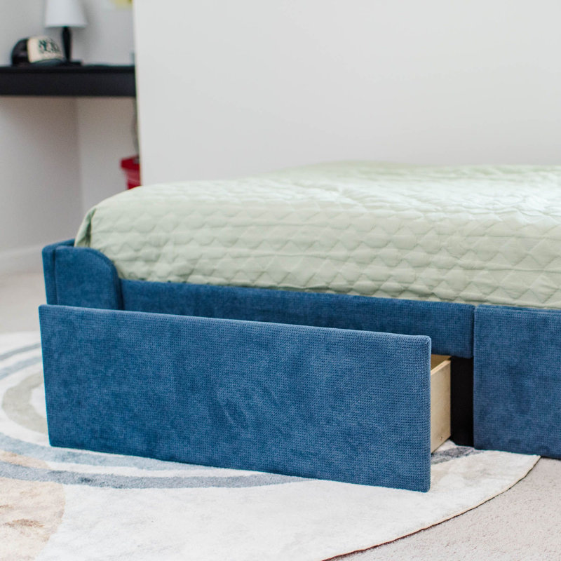 Solid Wood Upholstered Bed with Rectangular Headboard with 2 Drawer Side Storage, Blue, Full