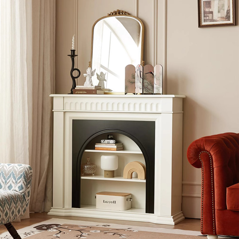 French cream-style white fireplace decorative cabinet, 43.70" H x 47.24" W x 13.19" D