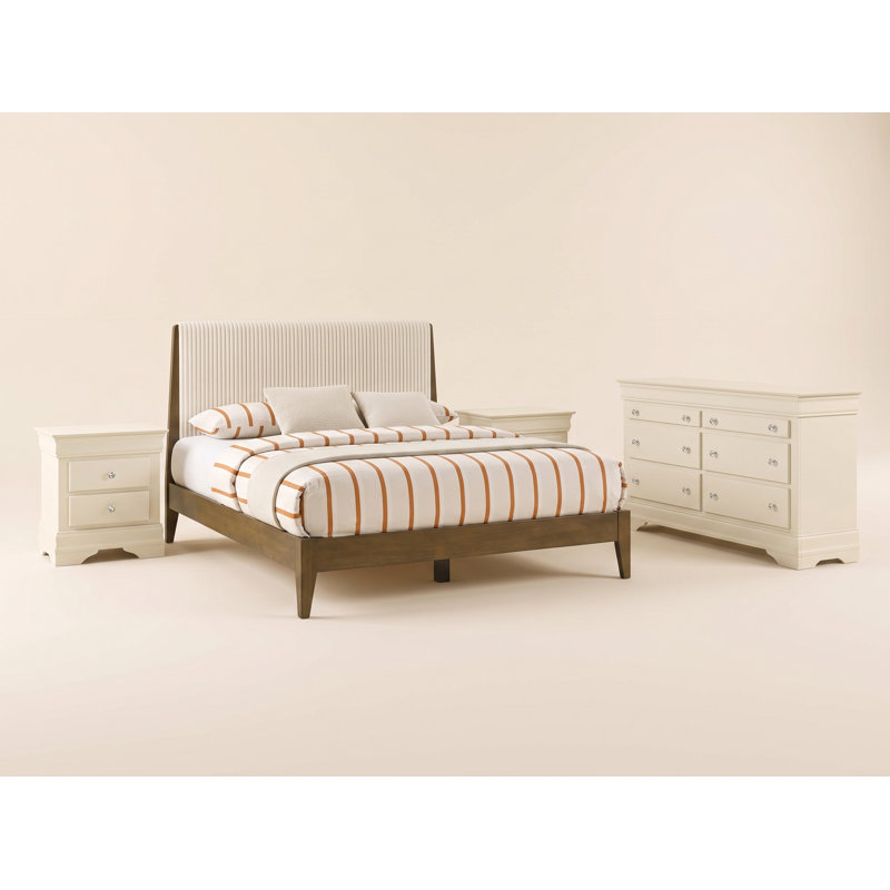 Ensemble de chambre à coucher entièrement assemblée en bois massif 4 pièces Nane, Ivoire / Noyer