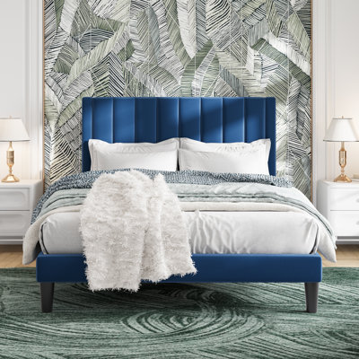 Modern Velvet Upholstered Platform Bed with Headboard, No Box Spring Needed
