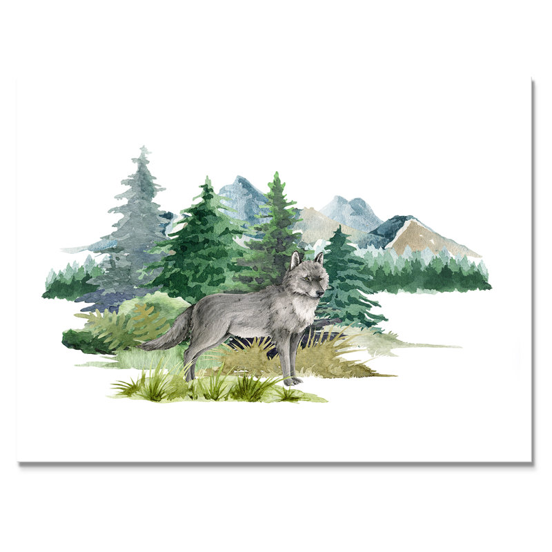 Loup dans un paysage de forêt - peinture sur toile, H 12 po x l 20 po, Toile tendue