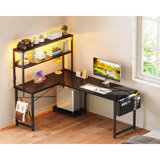 53 Inch L Shaped Desk With LED Lighting, Reversible Gaming Desk With Power Outlets, Cornor Computer Table With Storage Shelves & Bag & Iron Hook, Home Office Table For Writing, Study, Black
