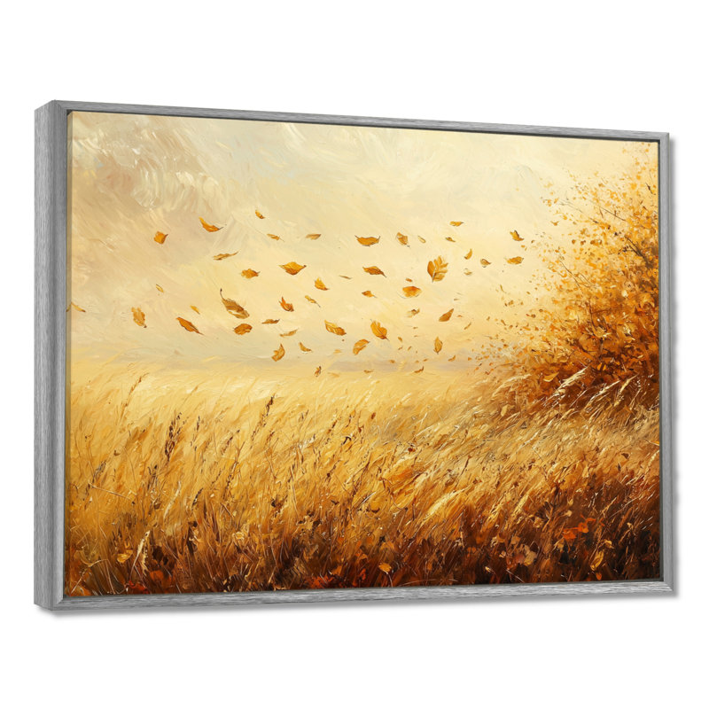 Autumn Windy Prairie Leaves II - feuilles, art mural, H 12 po x l 20 po, Avec cadre, Argent argent