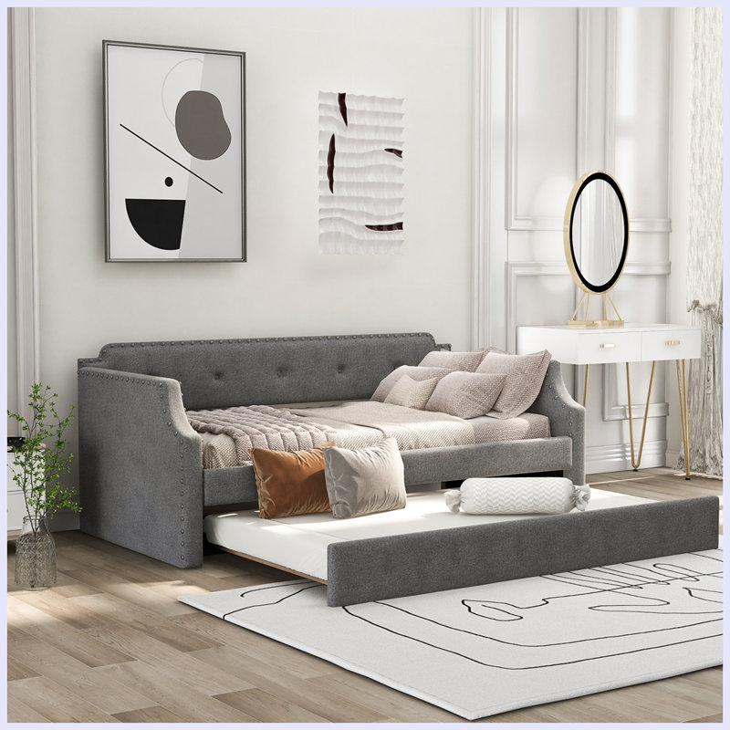 Herzberg Linen Upholstered Tufted Wooden Space Saver Daybed with Trundle, Gray
