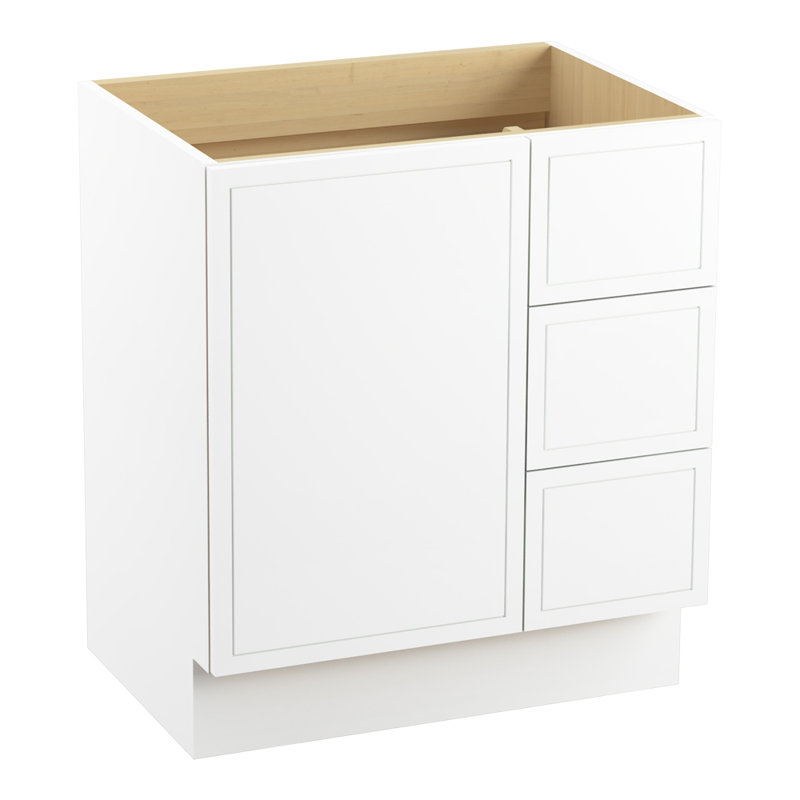 Base de meuble-lavabo 30 po Jacquard® seulement avec porte-pieds, 1 porte et 3 tiroirs à droite, Blanc lin