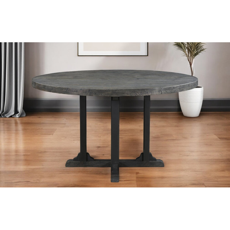 54" Black Rounded Solid Wood Pedestal Base Dining Table