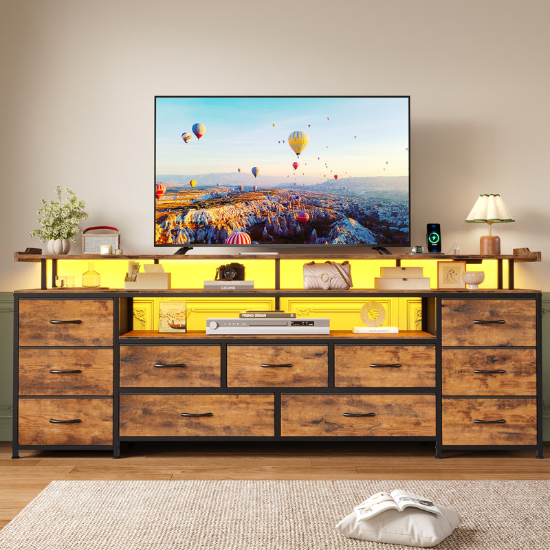 Tv Stand For Tvs Up To 70", Large Led Media Console With Charging Station And Led Light, Brown