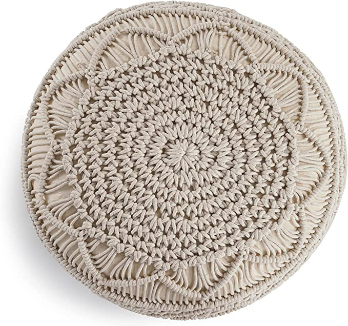Sadie Boho Beige Geometric Macrame Pouf Ottoman