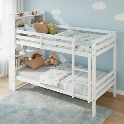 Lit superposé simple au-dessus de simple en bois massif avec tablettes, barrières de sécurité et échelle, convertible en 2 lits 