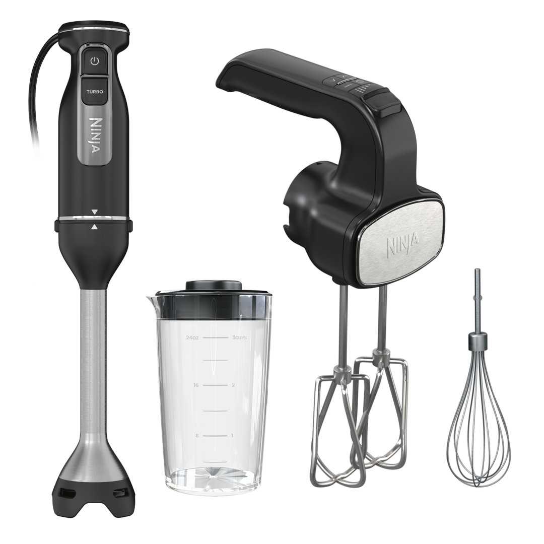 Ninja Foodi Power Mixer System, 750-Peak-Watt Hand Blender and Hand Mixer Combo with Whisk and Beaters, 3-Cup Blending Vessel, Black Ninja
