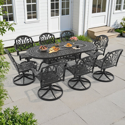 Ensemble de salle à manger d'extérieur 9 pièces, table ovale de 208 cm de long avec trou pour parasol et 8 chaises pivotantes avec coussins bruns