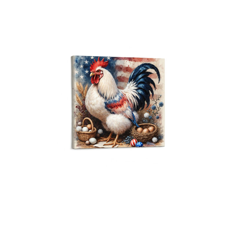 Coq patriotique avec œufs, L 16 x l 16, art mural en bois encastré