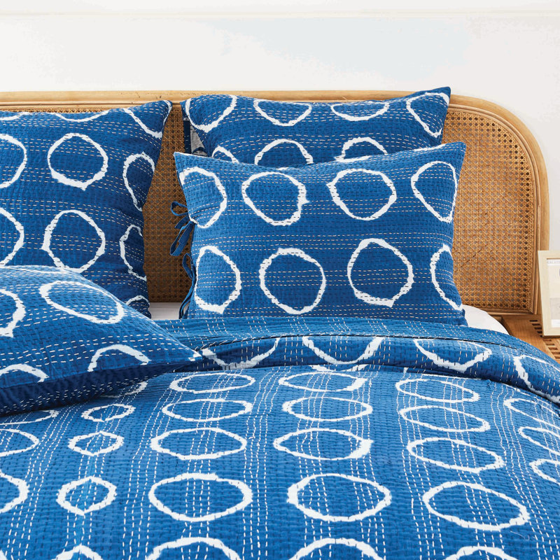 Handstitch Circle Kantha Sham, Queen Coverlet/Bedspread + 2 Pillow Shams