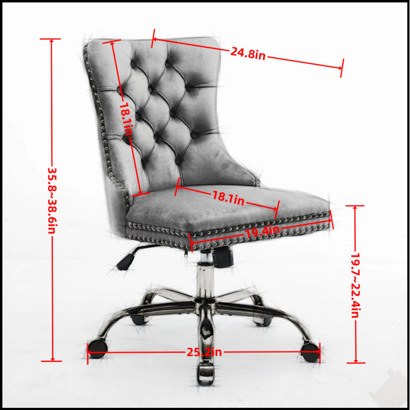 Chaise de bureau moderne rembourrée et capitonnée en velours avec base en métal doré, chaise de bureau pivotante réglable