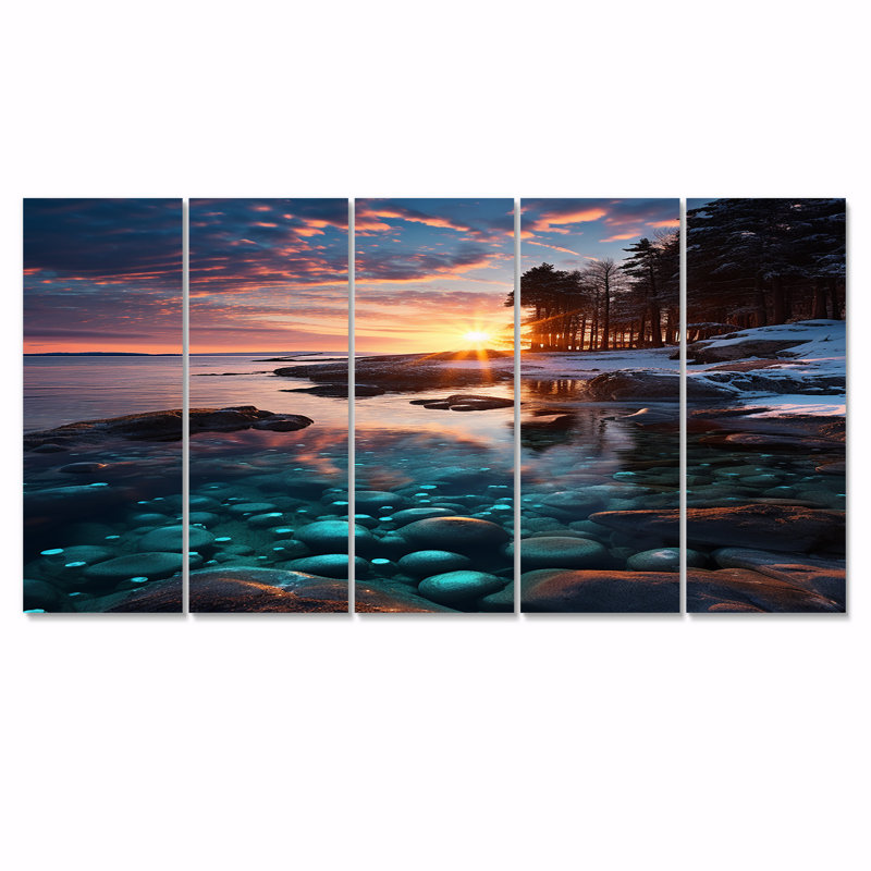 Coucher de soleil à travers les arbres, Islande, Rock Beach - Ensemble de 5 décorations murales plage et océan