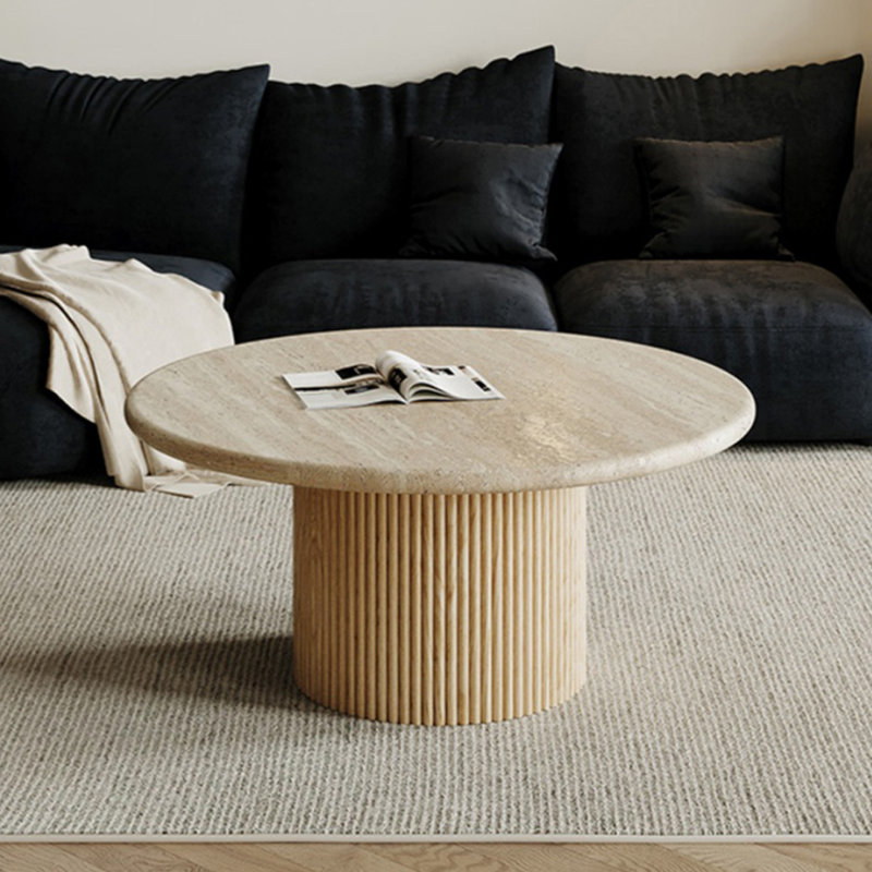 Table basse circulaire en pierre frittée, H 17,71 po x L 35,43 po x l 35,43 po, Bois original