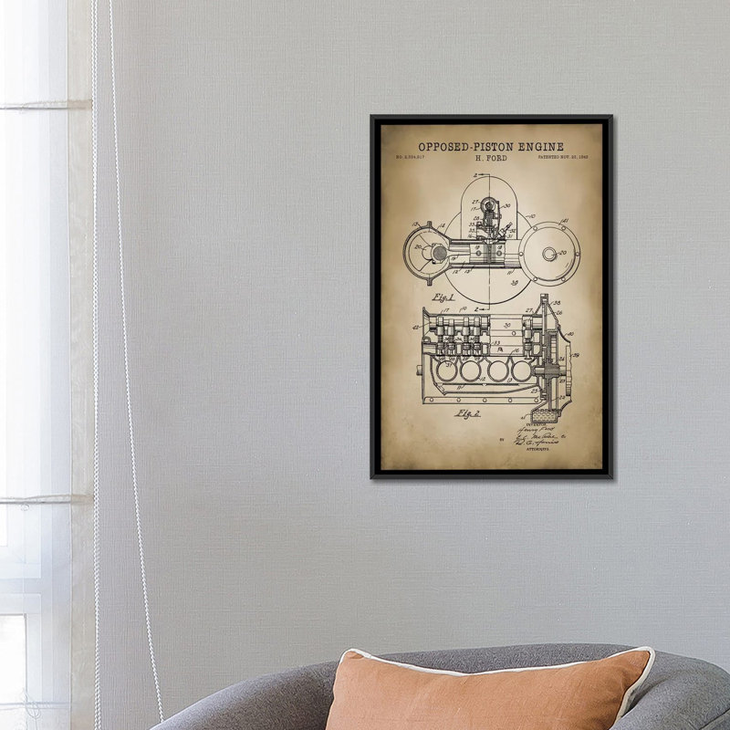 « opposed-moteur à piston », impression sur toile, H 26 po x l 18 po x P 1,5 po, Toile avec cadre noir, Pas de tapis
