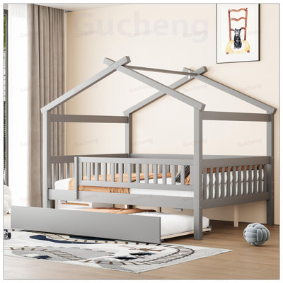 Lit en bois avec lit gigogne en bois, toit fantaisiste et rangement spacieux pour les chambres d'enfants