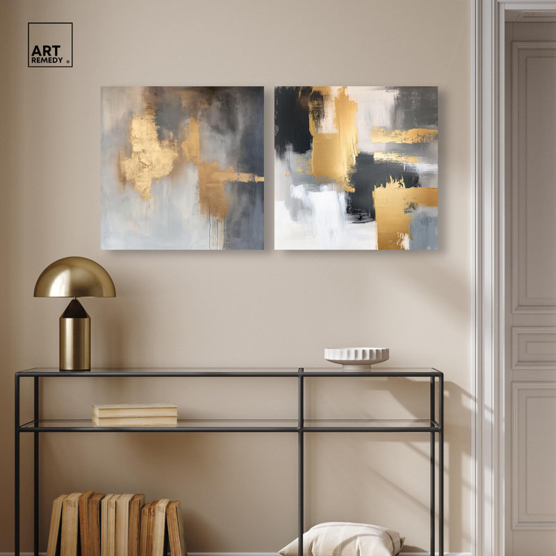 «Gilded Tranquil Abstract Art», ensemble de 2 panneaux sur toile par , H 20 po x l 20 po, Toile tendue, Ne s’applique pas