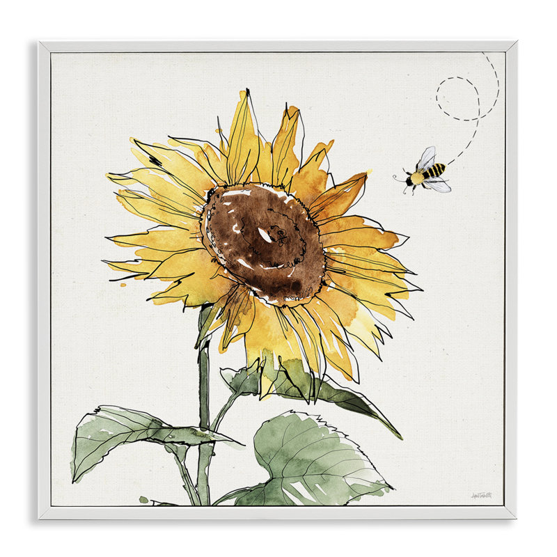 «Cheerful Sunflower Buzzing Bee» par Anne Tavoletti - Peinture sur bois, H 17 po x l 17 po x P 1,5 po