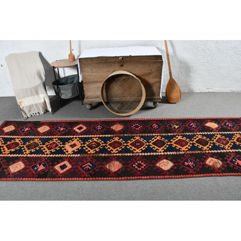 Authentique tapis turc Kilim de style rétro parfait pour rehausser les espaces de vie et de salle à manger noir / orange
