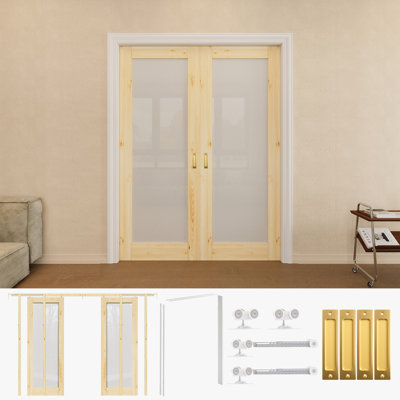 Porte en bois de pin massif 64 po x 80 po avec porte coulissante double en verre givré 1-Lite avec quincaillerie dorée et cadre de porte blanc