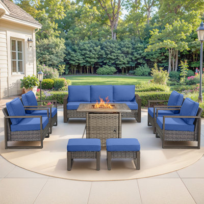 Palomares 8-Piece Outdoor Wicker Patio Square Fire Pit Conversation Set With 4 Armchairs And 2 Ottomans