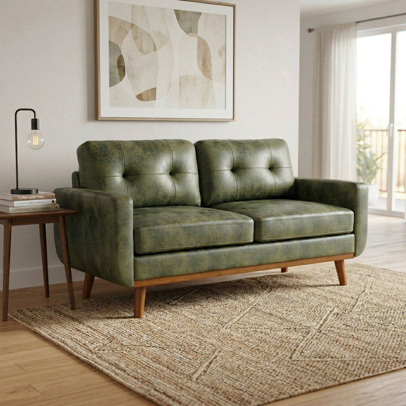  65-inch Mid-Century Modern Two-Seater Sofa in Olive Green – Solid Wood Legs & Breathable Polyester Fabric