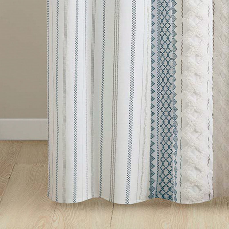 Cotton Printed Shower Curtain With Chenille, Blue
