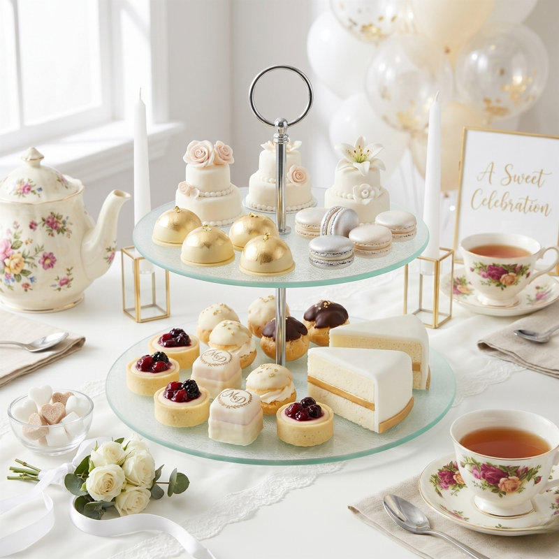  Présentoir à gâteaux à dessert à 2 niveaux en verre trempé X H 8,8 po
