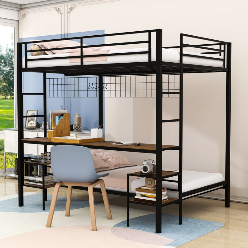 Lit superposé double au-dessus de simple avec bureau d'étude et ports de charge, Noir / chêne cannelle