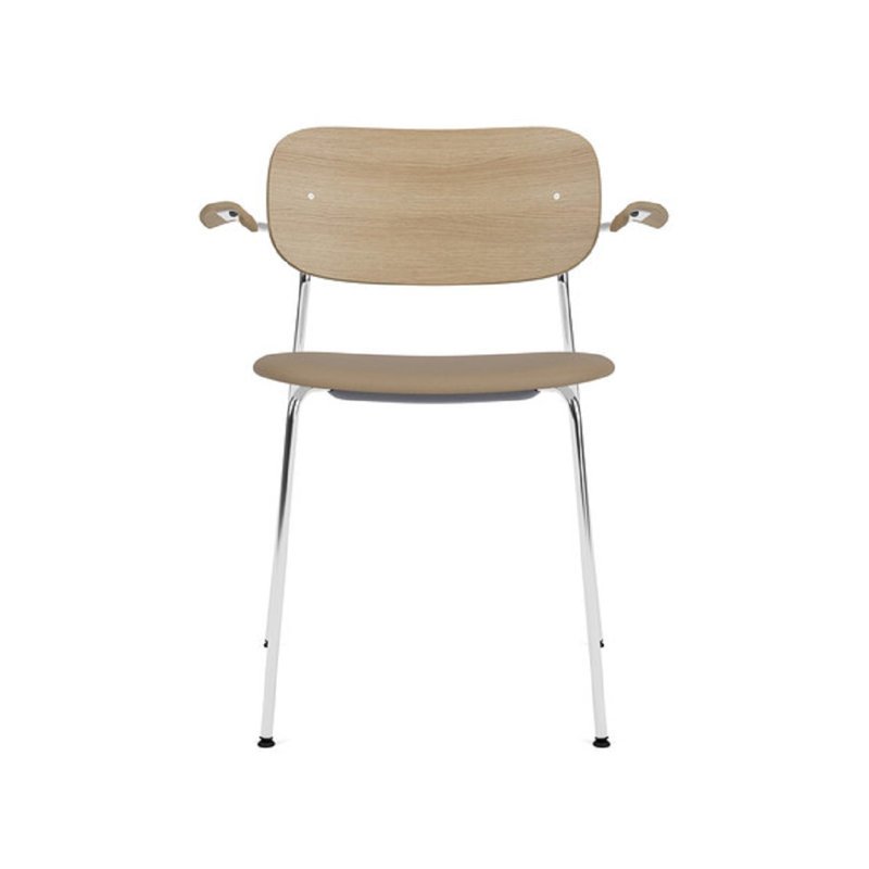 Co Upholstered Arm Chair, Natural Oak, Chrome, Brown Leather