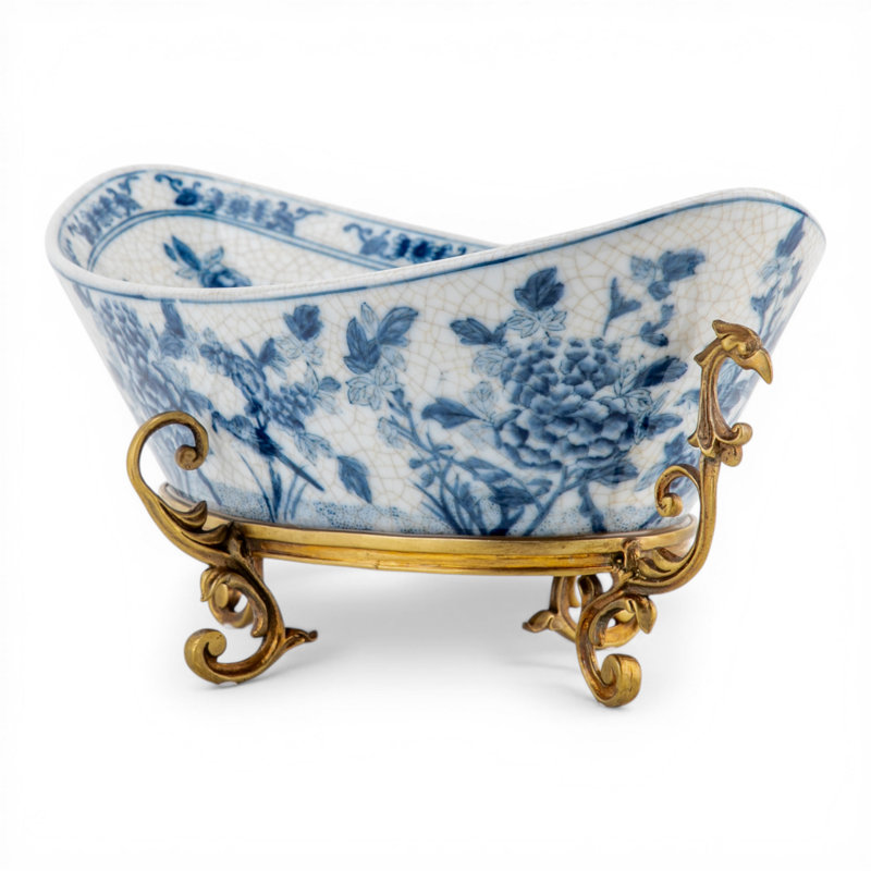 Blue White Floral Bird Oval Basin
