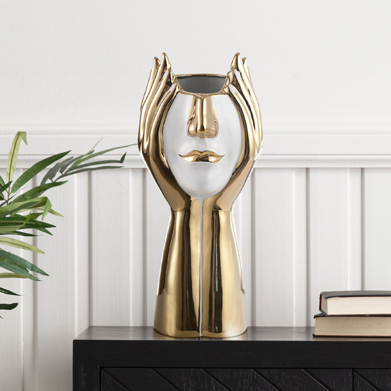 Sandborn Handmade Ceramic Vase for Living Room Decor, Face Design Modern Home Decoration, White/Gold