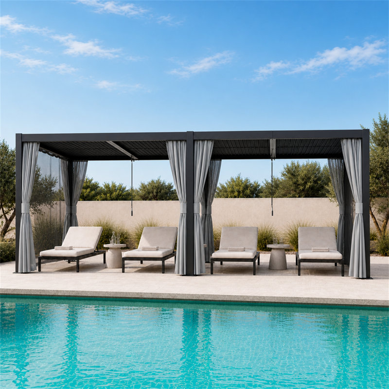 Pergola à auvent noir avec rideaux d'intimité et moustiquaire FLISE 12 pi x 20 pi, 12 pi x 20 pi, Black