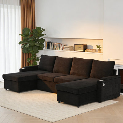 Canapé-lit modulaire de 109,5 po en forme de U avec chaises de rangement et ports USB, canapé modulaire moderne avec porte-gobelets pour le salon