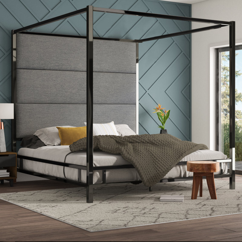Moyers Upholstered Metal Canopy Bed, Black Nickel/Pewter Grey Linen, King
