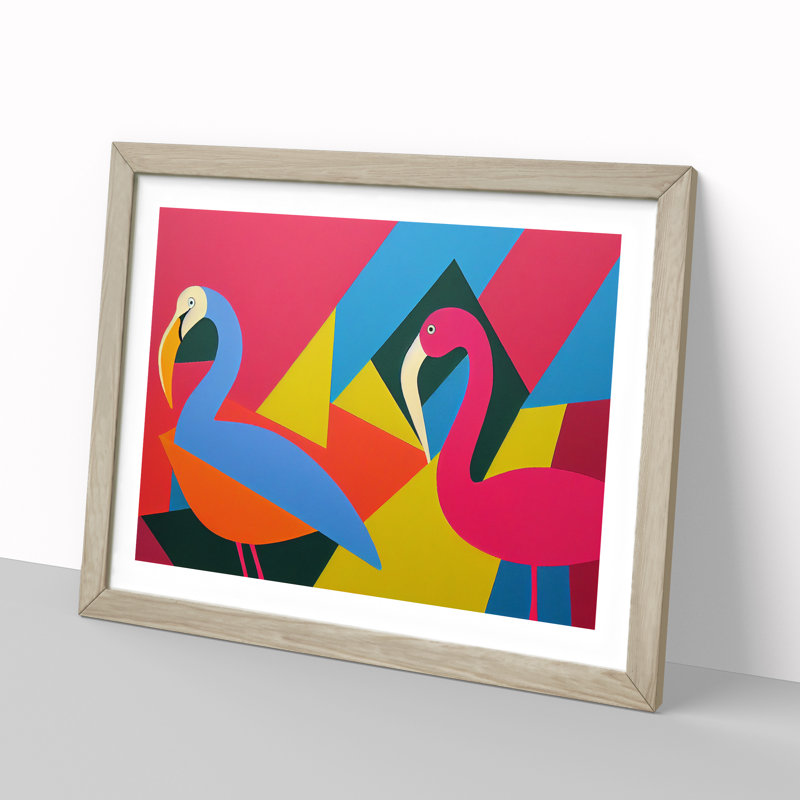 Two Abstract Flamingos Vol.2 - Framed Print, 34cm H x 46cm W x 2cm D, Oak Framed
