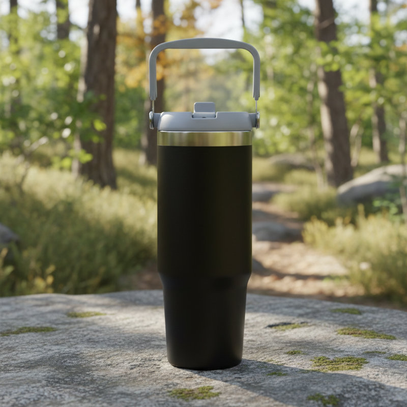 Stainless Steel Insulated Tumbler With Rotating Handle, Black, Black