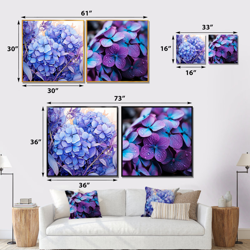 Fleurs d'hortensia mauve harmonie I - ensemble de 2 impressions sur toile d'hortensia, Toile tendue