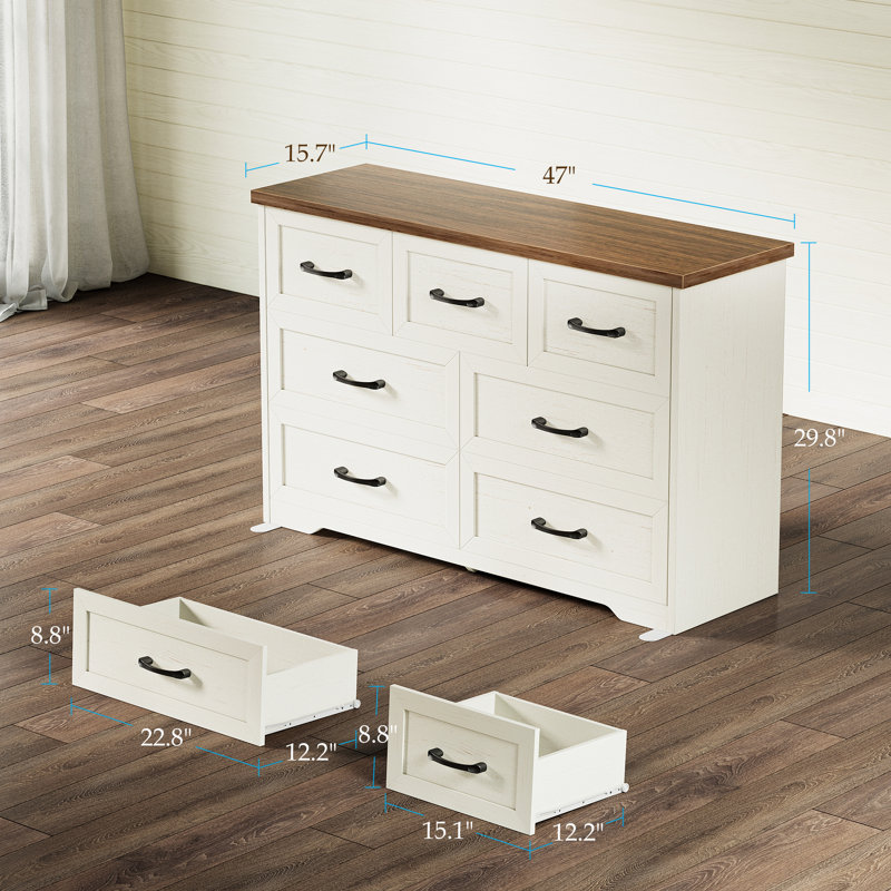 Ensemble de commode 3 pièces Aeliana - commode 7 tiroirs et tables de chevet 2 tiroirs avec station de recharge, brun / blanc