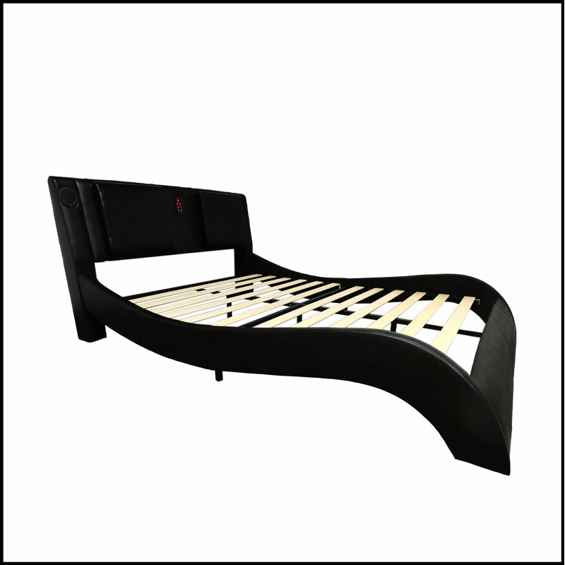 Structure de lit tapissier en similicuir avec éclairage DEL et connexion Bluetooth pour un confort moderne, Noir