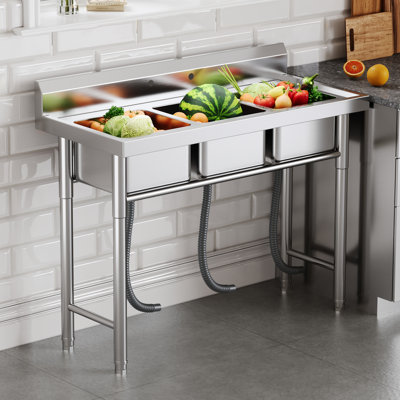 39"x17.7"x37.5" Triple-Bowl Stainless Steel Sink with Drainage Kit, R-Corner Design, Faucet Holes & Removable Strainers, Utility Sink for Kitchen, Laundry, Garage or Commercial Use
