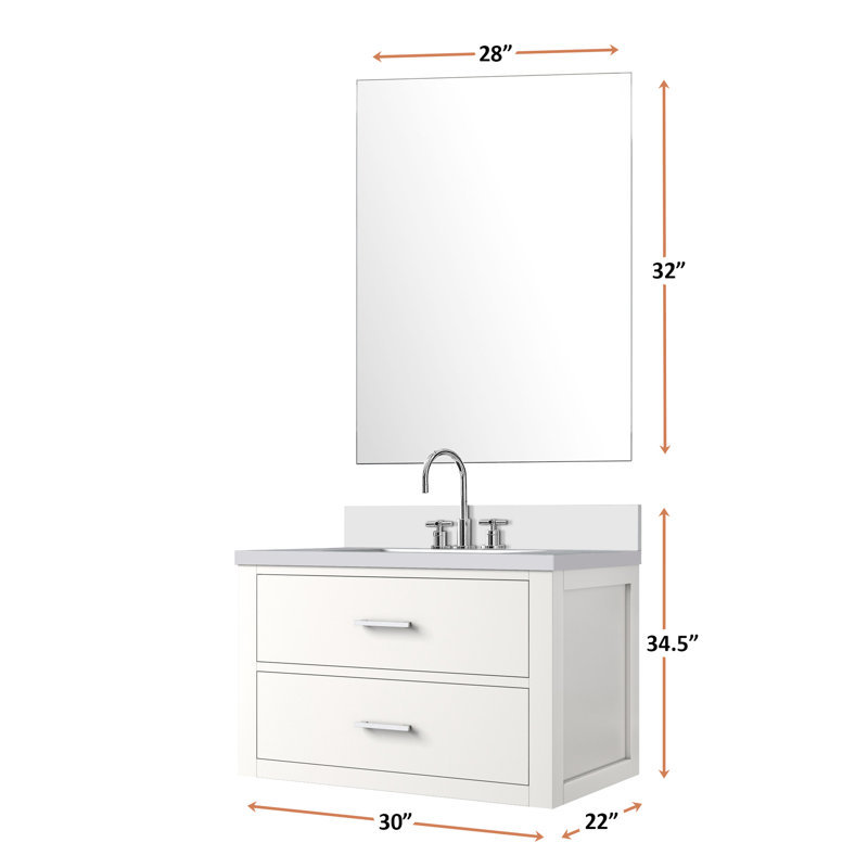 Meuble-lavabo blanc avec comptoir en quartz, traitement de purification inclus du miroir et du robinet - l 30 po x 22 30 po, quartz, procédé de précision